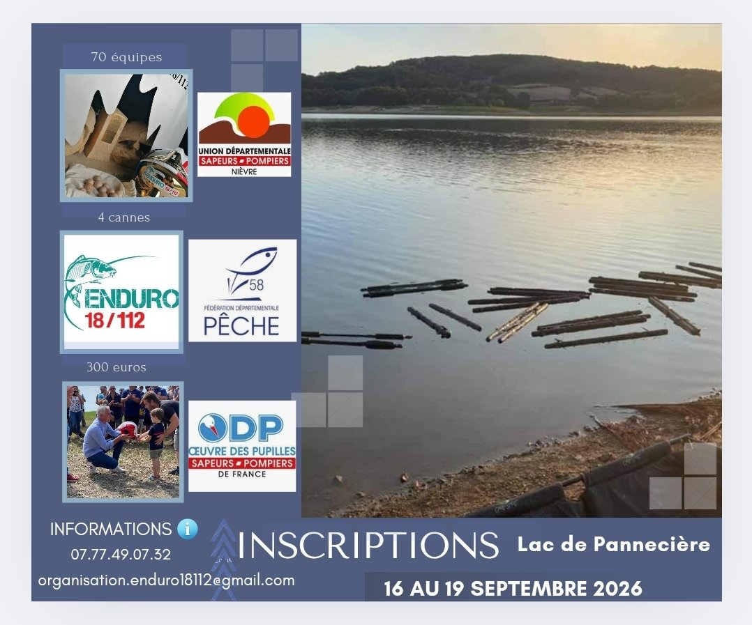 Acte 2 🔥🎣
Ouverture des inscriptions pour le lac de Pannecière au profit de <a href="/OdpPompiers/">ODP Sapeurs-Pompiers de France</a> 
<a href="/GregoryAllione/">Grégory Allione</a> <a href="/EBrocardi/">Porte-parole des sapeurs-pompiers de France</a> <a href="/UDSP91/">UDSP 91</a> <a href="/UDSP58/">UDSP 58</a> <a href="/BoslandJP/">Jean-Paul Bosland</a>