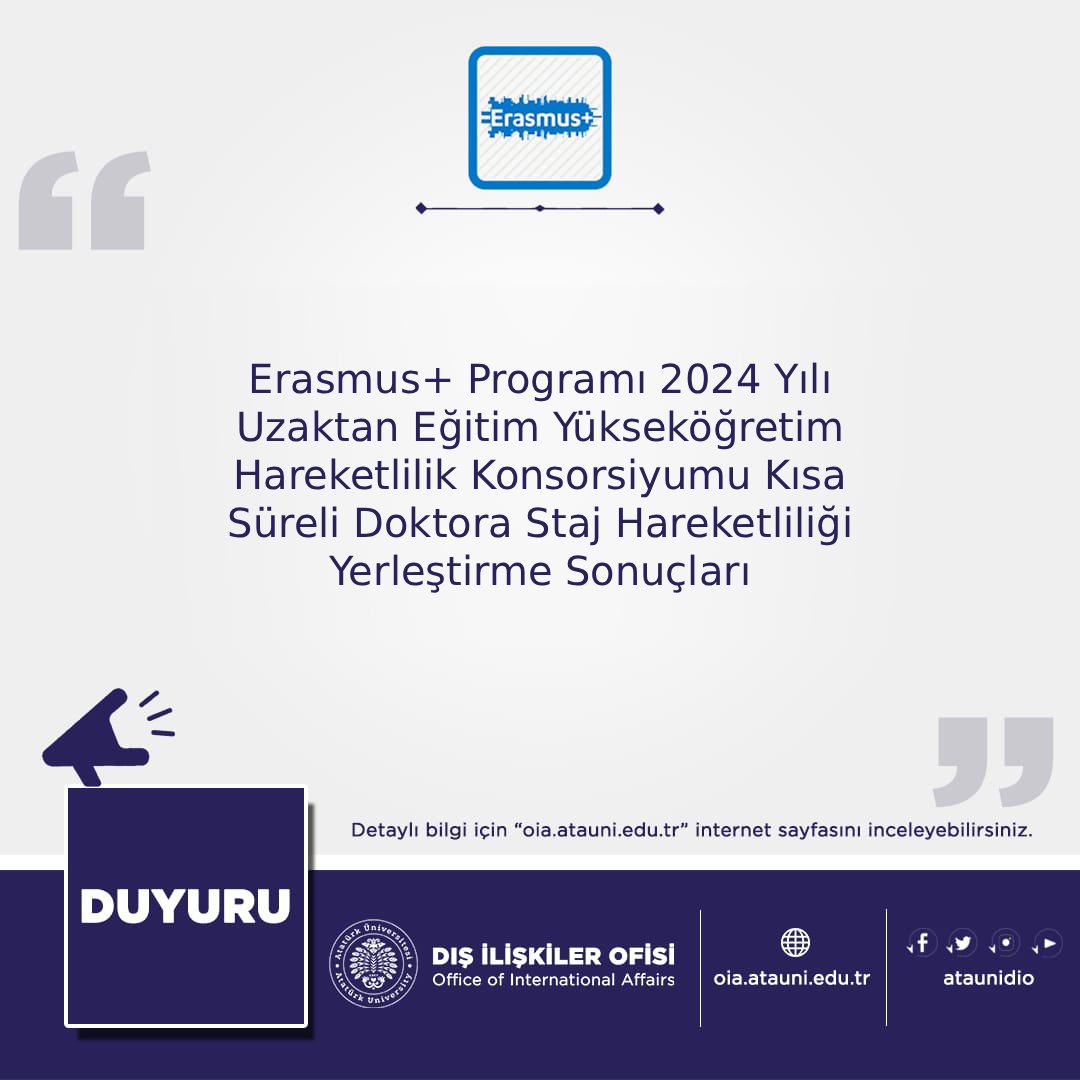 Erasmus+ Programı 2024 Yılı Uzaktan Eğitim Yükseköğretim Hareketlilik Konsorsiyumu Kısa Süreli Doktora Staj Hareketliliği Yerleştirme Sonuçları

Detaylı Bilgi İçin:

birimler.atauni.edu.tr/dis-iliskiler-…