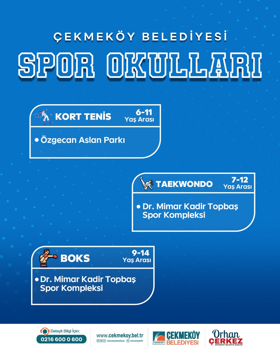 Cekmekoybeltr's tweet photo. Spor Okullarımızda Yeni Dönem Kayıtları Başladı.

Çocuklarımızın hem fiziksel gelişimlerine katkı sağlamak hem de yeteneklerini keşfetmelerine yardımcı olmak için Spor Okullarımız yeni döneme hazır!

⚽ Futbol
🏀 Basketbol
🏊‍♀️ Yüzme
🤸 Cimnastik
🥋 Taekwondo
🥊 Boks
🎾 Kort Tenis

Kayıt ve detaylı bilgi için web sitemizi ziyaret edebilirsiniz. https://t.co/N2gk3NtSad