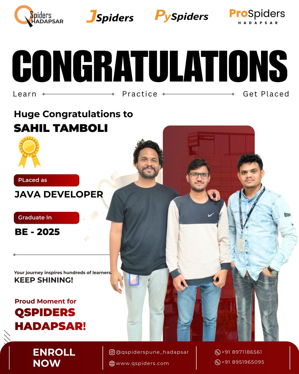 QspHadapsar's tweet image. Another proud placement moment at QSpiders Hadapsar.
Huge congratulations to Sahil Tamboli for getting placed as a Java Developer.
Keep learning, keep growing, and keep inspiring.

#QSpiders #QSpidersHadapsar #JavaDeveloper #PlacementSuccess #SuccessJourney #ITCareers