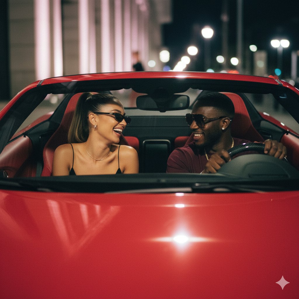 Cinematic Night Shot of Couple in Red Convertible — example 2