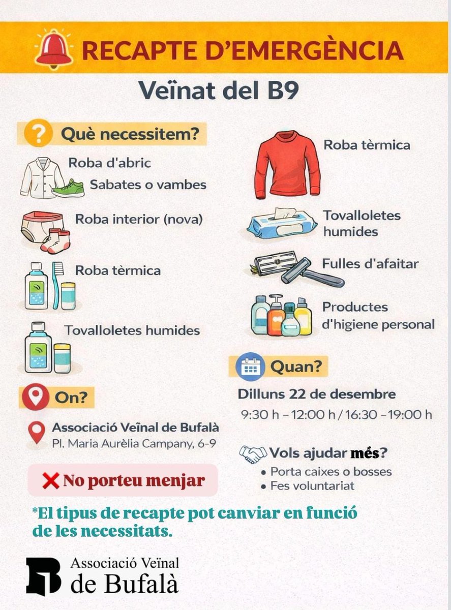 ⚠️ Recapte d’emergència per a les persones desallotjades del B9.

Podeu portar el material a l’Associació Veïnal de Bufalà.

📍 Pl. Maria Aurèlia Capmany 6-9 (Badalona)