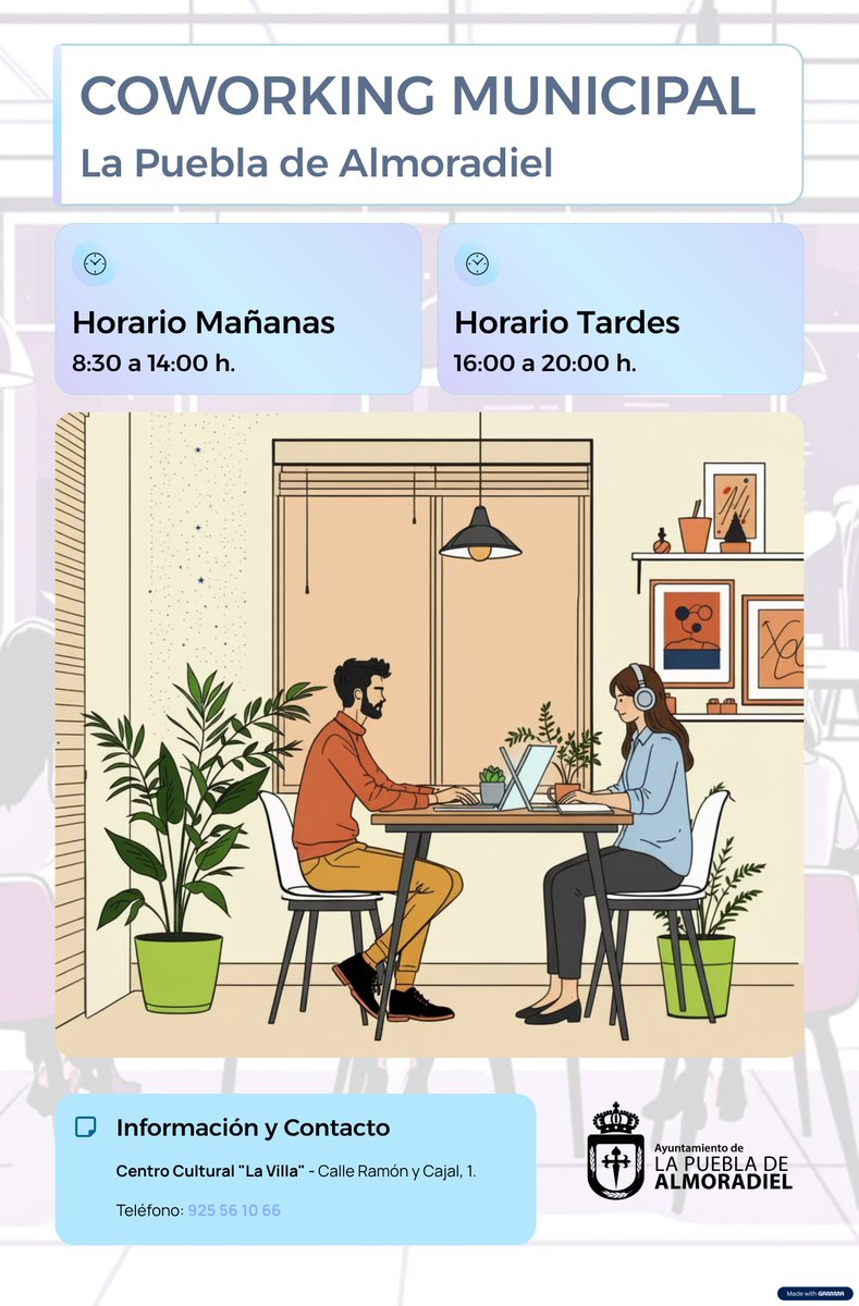 🆕 Nuevo Coworking Municipal en La Puebla de Almoradiel
Ya está abierto el nuevo espacio de trabajo en el Centro Cultural “La Villa”.
💻 Internet | 🤝 Espacio compartido | 🆓 Acceso gratuito
🕗 Mañanas y tardes
Impulsamos el talento local.