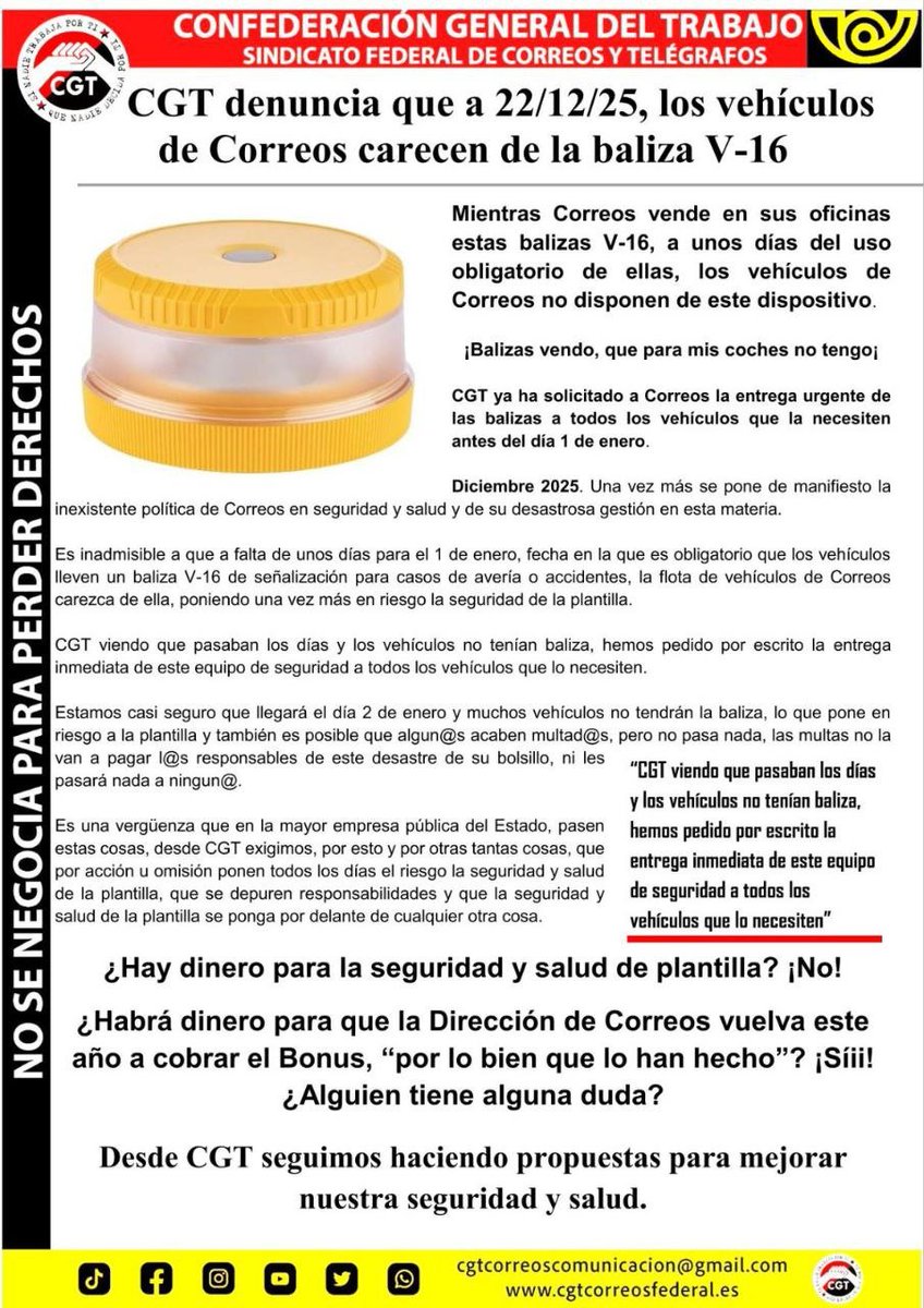 🔴⚫️ CGT CORREOS INFORMA:

‼️Denunciamos que a 22/12/25, los vehículos de <a href="/Correos/">Correos</a> carecen de la baliza V-16. A unos pocos días del uso obligatorio de ellas, nuestros vehículos aún no disponen de este dispositivo. ¡Balizas vendo, que para mis coches no tengo! #CorreosNoMeRespeta