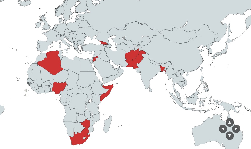 These are the 32,921 currently accommodated with the Top 10 nationalities margined in 'red' below and shown 'red' on the map. Most countries don't have direct airline routes to Ireland.