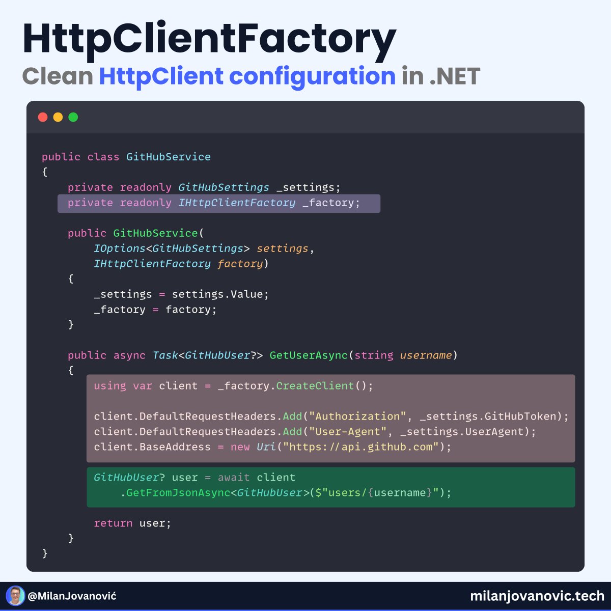 How do you create HttpClients in .NET?

The recommended approach is to use the IHttpClientFactory.

Your first option is to use the IHttpClientFactory directly.

The downside is you'll have to configure the HttpClient every time.

If you want to get a pre-configured HttpClient,