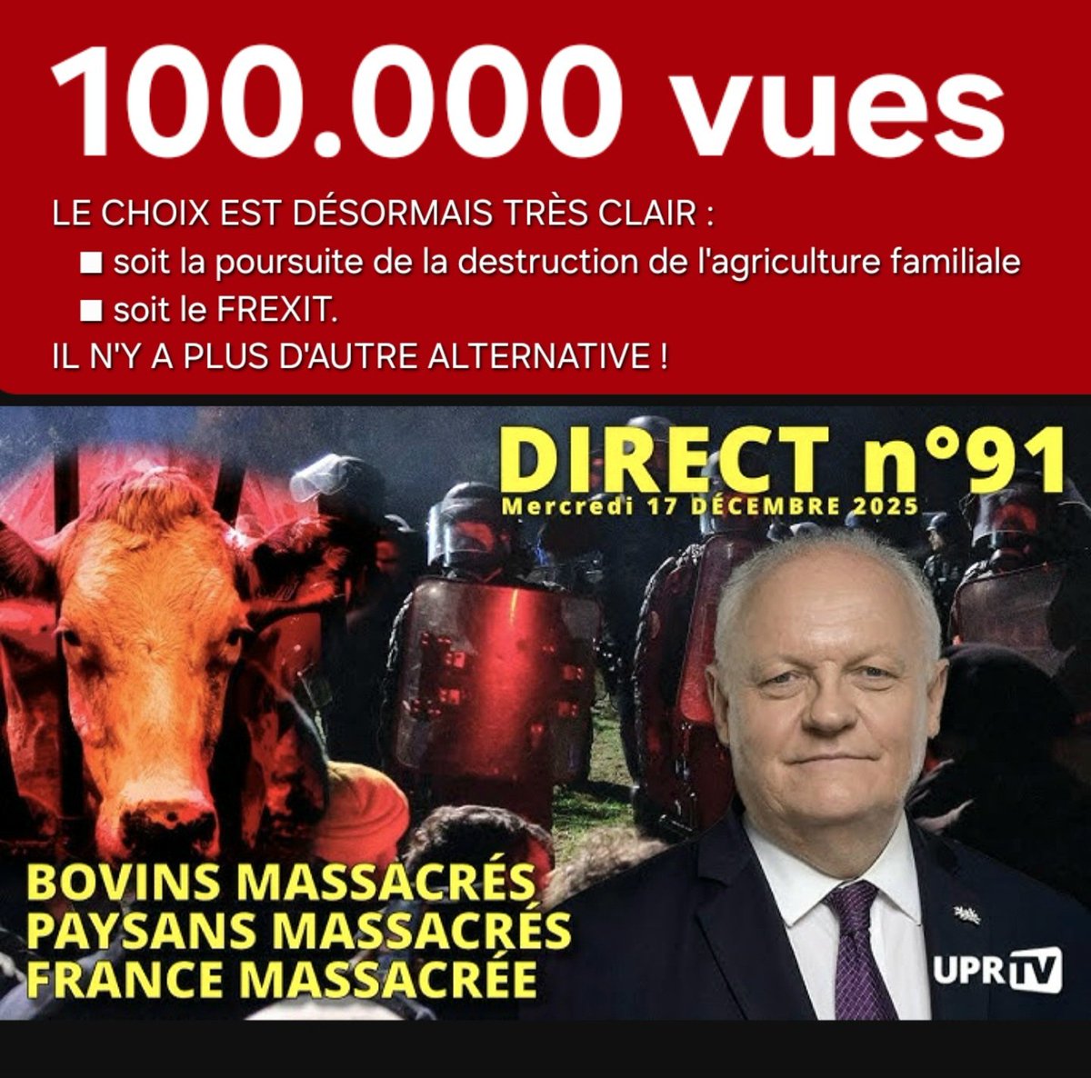 f_asselineau's tweet photo. 📺 𝟭𝟬𝟬.𝟬𝟬𝟬 𝘃𝘂𝗲𝘀
pour le 𝗗𝗜𝗥𝗘𝗖𝗧 𝗻°𝟵𝟭
du MERCREDI 17 DÉCEMBRE 2025
-dermatose des vaches,Mercosur
-sanctions🇪🇺contre Baud+Moreau
-voitures thermiques en🇪🇺2035
-Nouvelle-Calédonie
-Branco
-Audiovisuel public
-Brexit Erasmus
-Un peu d'humour
https://t.co/ECEQbp2WYi