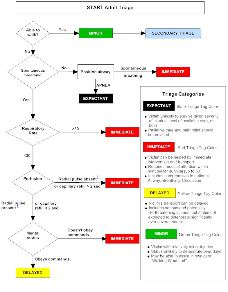 التصنيف المستخدم في فرز حالات الكوارث الخارجية (Disaster Triage):

🔴 أحمر: حالة حرجة – تدخل فوري
🟡 أصفر: إصابة متوسطة – يمكن التأخير
🟢 أخضر: إصابة بسيطة – قادر على المشي
⚫ أسود: متوفى