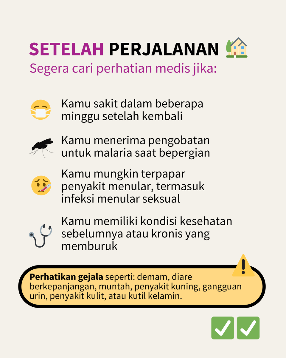 WHOIndonesia's tweet image. Bepergian di musim liburan? Tetap sehat dengan tips ini! 

Mengambil langkah pencegahan sebelum, selama, dan setelah perjalanan dapat membantu melindungi kesehatanmu dan mencegah risiko serius. 

Pelajari lebih lanjut: bit.ly/4iKtJtV 
#SehatUntukSemua #LiburanSehat