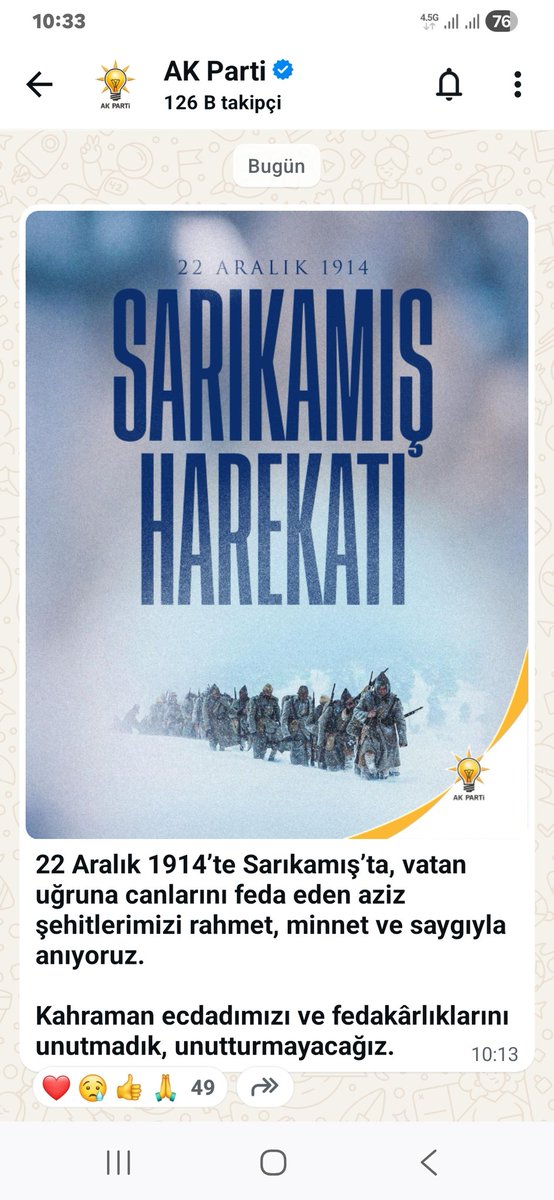 22 Aralık 1914’te Sarıkamış’ta, vatan uğruna canlarını feda eden aziz şehitlerimizi rahmet, minnet ve saygıyla anıyoruz.

Kahraman ecdadımızı ve fedakârlıklarını unutmadık, unutturmayacağız. <a href="/RTErdogan/">Recep Tayyip Erdoğan</a> <a href="/dbdevletbahceli/">Devlet Bahçeli</a> <a href="/akyenisehir021/">AK PARTİ YENİŞEHİR</a> <a href="/Akparti/">AK Parti</a> <a href="/karahanender1/">Ender KARAHAN</a> <a href="/YucedagRumeysa/">Rümeysa YÜCEDAĞ</a>