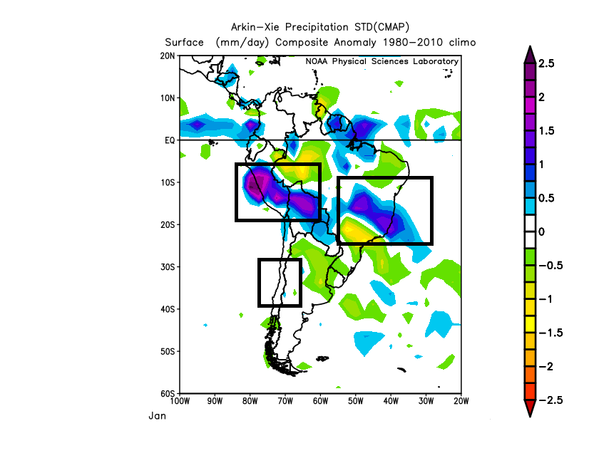Statisticizer's tweet image. Good morning !
By looking at the January updated composite analog precipitation and torrential rainfall risk for South America, the regions within #black #boxes on the map ( to the left) may experience episodes of extreme rainfall events during last decade of December and Into