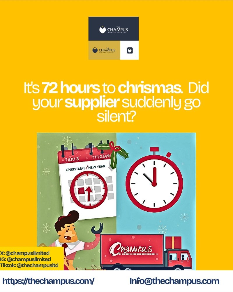 champuslimited's tweet photo. Itโs 72 hours to Christmas ๐
If your supplier has gone silent, deliveries shouldnโt.
Champus is still moving fast, reliable, and ready to deliver before the holidays.
Donโt let delays ruin your Christmas plans.
#TheChampus #ChristmasDeliveries #LogisticsYouCanTrust https://t.co/5dHB1Bbsvg