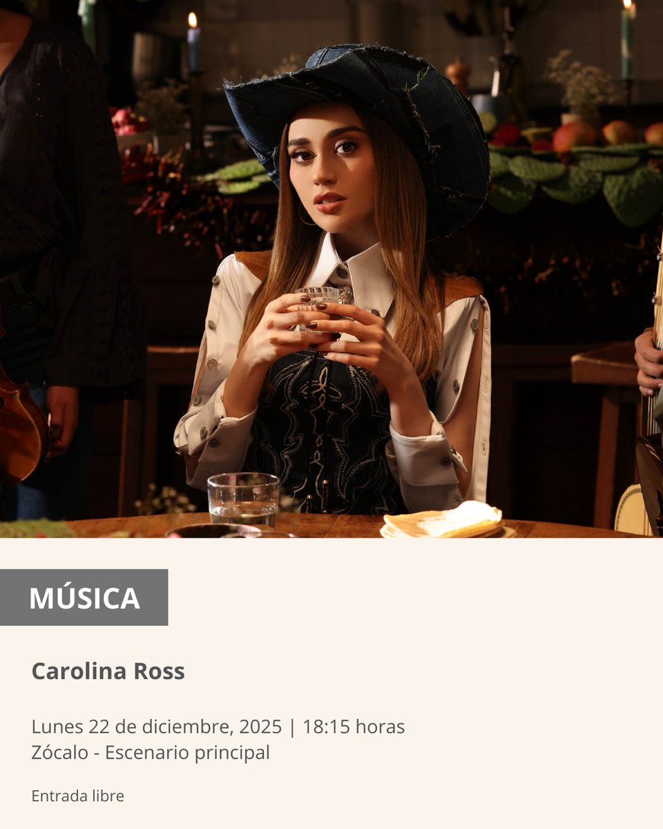 El escenario principal del Zócalo se llena de emoción y sentimiento con la presentación de <a href="/carolinaross/">Carolina Ross</a>, una cantautora que ha sabido convertir el regional mexicano en un espacio de cercanía y conexión con su público. 🎶✨

📅 Lunes 22 de diciembre, 2025
🕕 18:15 horas
📍 Zócalo
