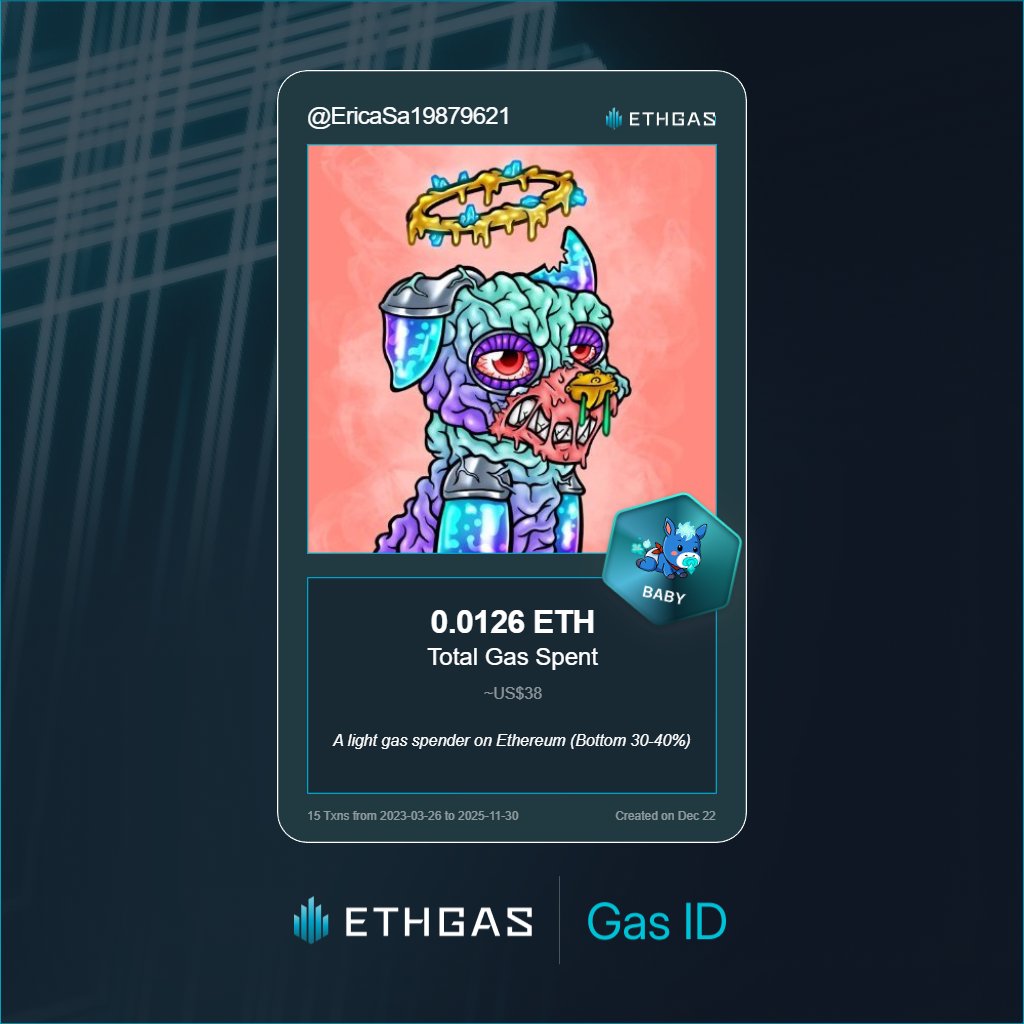 Leveled up in the Great Gas Reckoning with ETHGas! 💪

Baby Jack status: 0.0126 ETH gas spent, 2 Beans earned—supporting the Gasless Future!

Claim your Gas ID at ethgas.com/community/gas-…