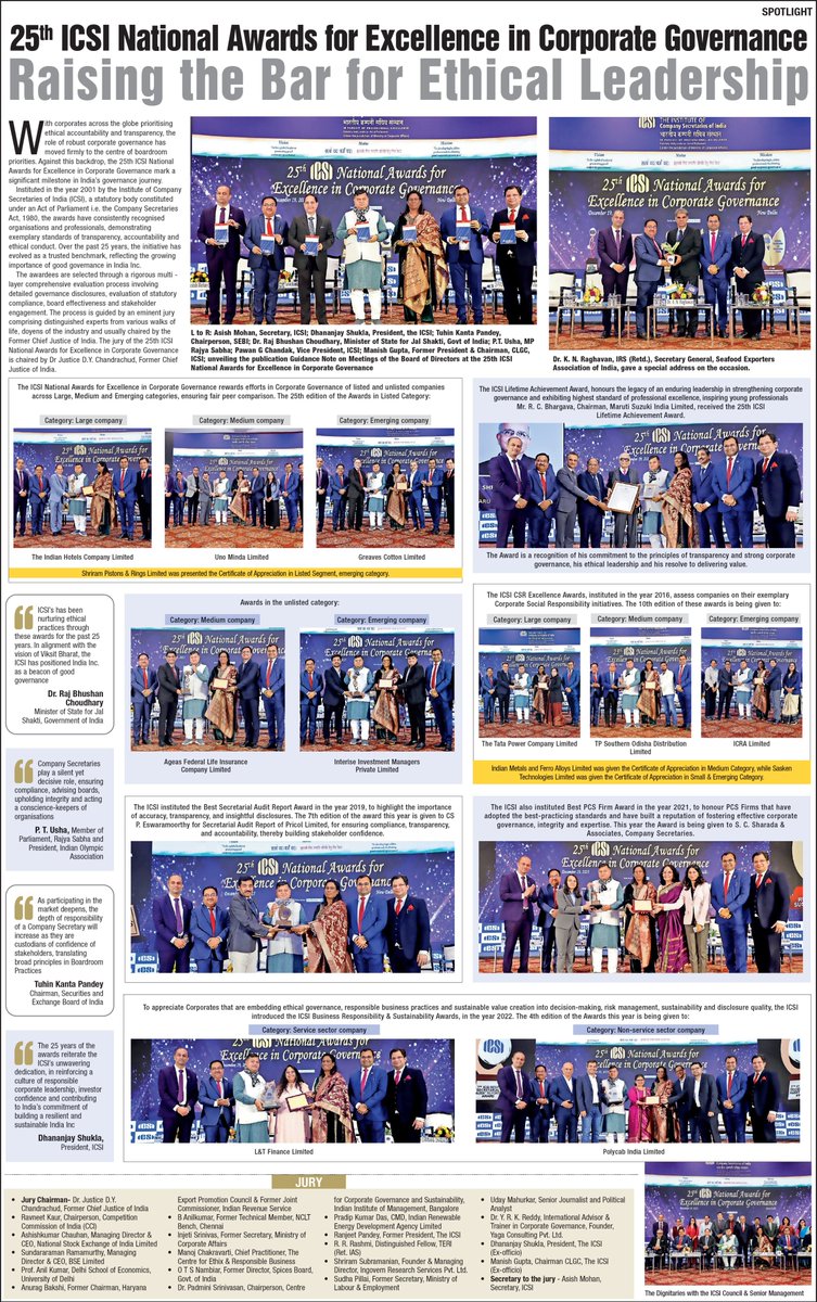 icsi_cs's tweet image. 25th #ICSI National Awards for Excellence in #CorporateGovernance: Raising the Bar for #Ethical Leadership #25YearsofCGAwards @dr_rajbhushan
@DoWRRDGR_MoJS @PTUshaOfficial @SEBI_updates