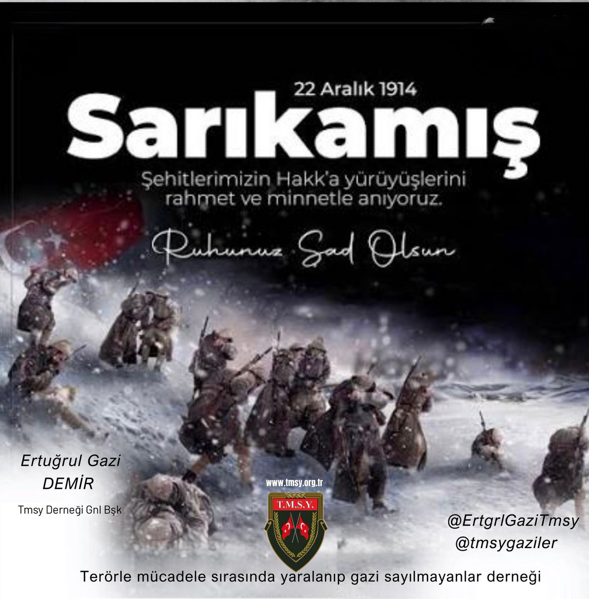 Tarihin en soğuk gününde, vatan uğruna can veren Sarıkamış şehitlerimizi rahmet, minnet ve saygıyla anıyoruz.
Ruhları şad olsun.
🇹🇷🇹🇷🇹🇷
<a href="/ErtugrlGaziTmsy/">ERTUĞRUL GAZİ DEMİR</a> 
<a href="/TmsyGaziler/">T.M.S.Y GAZİ SAYILMAYANLAR</a>