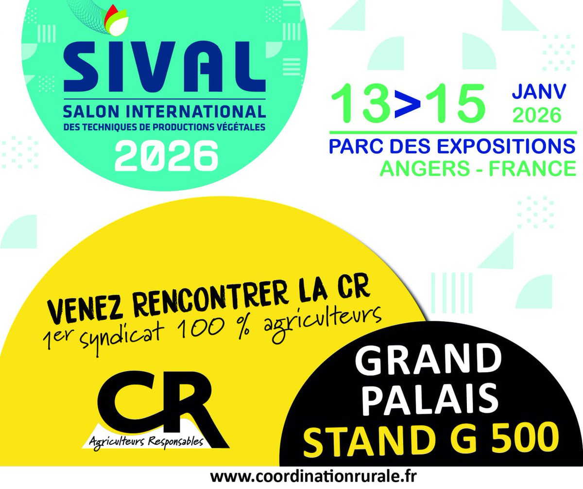 coordinationrur's tweet image. 🔴 SIVAL 2026 : la #CoordinationRurale vous donne rendez-vous à Angers ! 💪
📍 Du 13 au 15 janvier 2026, retrouvez la CR au Parc des Expositions d’Angers, à l’occasion du Salon International des Techniques de Productions Végétales au  Grand Palais – Stand G500 !
Au programme :…