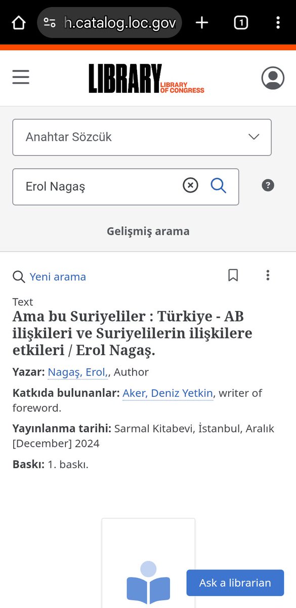 'Ama Bu Suriyeliler:Türkiye - AB İlişkileri ve Suriyelilerin İlişkilere Etkileri' adlı kitabım bu kez de  ABD Kongre Kütüphanesi kataloğunda yerini almış. Adımın ve kitabımın ABD akademik dünyasınca tanınması ve orada yayılması gurur verici ✒️🤩

lccn.loc.gov/2025361784