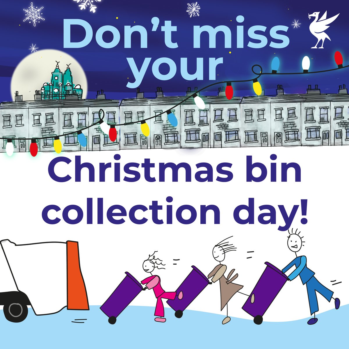 Don't miss your Christmas bin collections!

A revised collection service starts this week and will run into the new year. Please present your purple and blue bins on the new dates. Households with food waste collections should continue to put their food caddy out with their