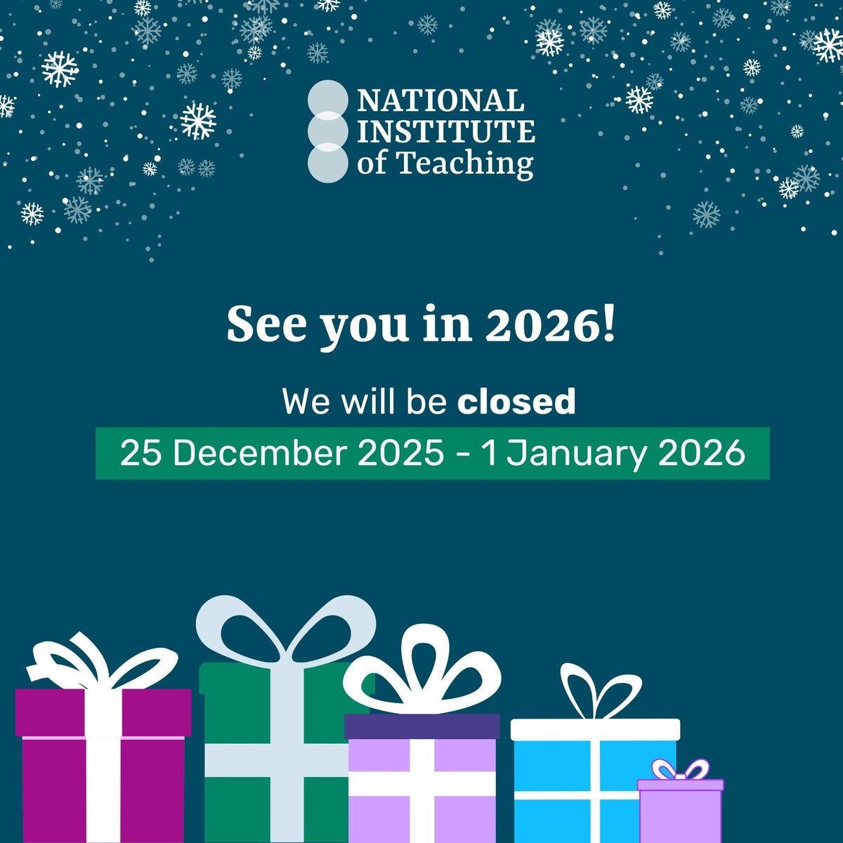 NatInstTeaching's tweet photo. We'll be taking some time over the holiday period to rest and recharge. From 25 December 2025 to 1 January 2026, we'll be closed. You’re welcome to contact us during this time, and we look forward to responding upon our return.

Wishing you all a joyful festive season and a brilliant start to 2026! 🎄 ❄️ 🎁