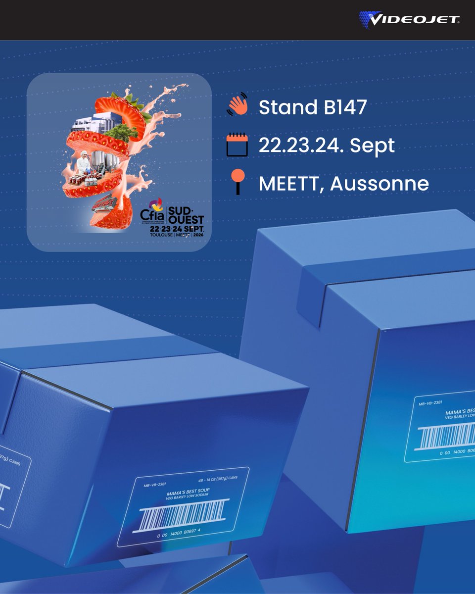 🚀 Découvrez notre calendrier salons 2026 !
📅 SEPEM Douai | 📅 CFIA Rennes | 📅 CFIA Toulouse
Venez explorer nos innovations et échanger avec nos experts.
💬 Vous serez présents ? Prenez rendez-vous dès maintenant !
 ow.ly/kLqf50XM9xX 

#Videojet #Salons2026 #Traçabilité