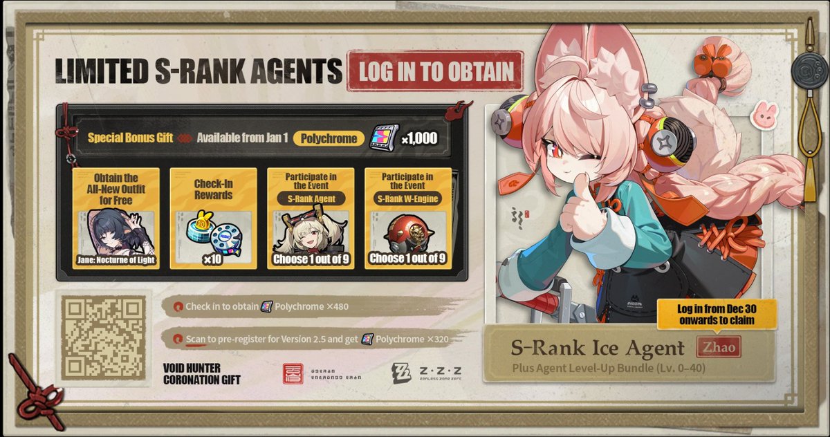 lammi25's tweet photo. @ZZZ_EN Join the Version 2.5 pre-registration event "Coronation of the Void Hunter" to get Polychrome ×320, in-game commemorative items, and an exclusive title!
Stand to draw prizes such as gaming consoles, figures, and Polychrome ×800! https://t.co/eRPzJ87xVh https://t.co/bNZ0mkuYJb