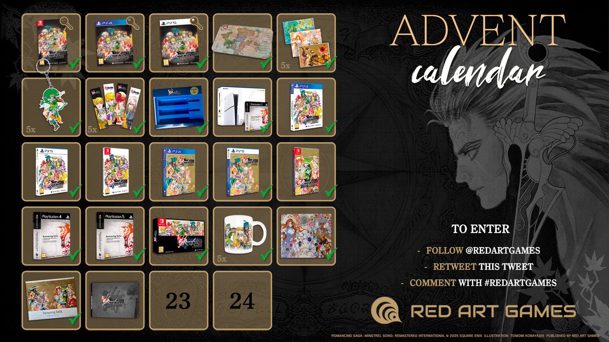 RedArtGames's tweet image. SAGA ADVENT CALENDAR 22 🎁 | The prize of today is a Romancing SaGa Artbook 😍 

➡️ To participate: RT this tweet+follow @RedArtGames &amp;amp; reply with #RedArtGames 

Winner to be announced on January 7, 2025.