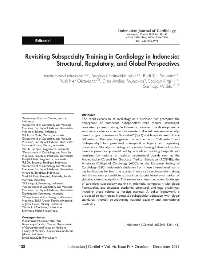 ijc_inaheart's tweet photo. Training Tomorrow’s Cardiologists for a Global Stage 🫀🌏

This editorial reviews how cardiology subspecialty training in Indonesia has evolved into a mix of academic Sp-2 programs and clinical fellowship tracks, creating structural and regulatory ambiguity around what counts as a “fellowship” versus a “subspecialty.” By comparing local pathways with competency-based models and accreditation frameworks used in regions such as Europe, Australia, and North America, the authors call for clearer national standards that align with global norms while strengthening Indonesia’s capacity to train advanced cardiovascular specialists.​

🔗 DOI: https://t.co/94L7R2pYxn
#CardiologyTraining #Subspecialty #MedicalEducation #Indonesia #GlobalCardiology