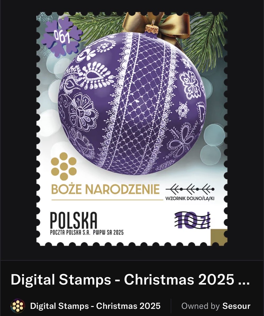 0xSesour's tweet photo. The 'Christmas 2025' Collection is a limited series of #DigitalStamp editions issued by @PocztaPolska based on the festive stamp issue 'Christmas 2025'. It includes 110 complete sets, each with three numbered tokens corresponding to the three traditional stamps in the issue, launched in colors: mint, red and purple. 
 
The main motif, the Lower Silesian Christmas ornament (Bombka Dolnośląska), draws from unique, hand-decorated designs at the Christmas Ornament Museum in Milicz. This motif embodies intangible cultural heritage, merging 🇵🇱 Poland's traditional craftsmanship with modern presentation forms. The collection embodies modern philatelic concepts, where #traditional and #digital #stamp editions complement each other to create a unified collectible release. 
 
It is designed for the „Znaczki & Kryptoznaczki“ Community by @filatelistyka  - collectors who appreciate traditional philatelic values alongside contemporary digital formats. The 'Christmas 2025' editions are part (!) of the wider 'Digital Editions of Poczta Polska Stamps' collection, which will feature additional stamp issues in digital versions.
 
#DigitalStamp #NFTStamp #CryptoStamp #Phygital #Philately3 #Web3 #RWA #AroundTheWorld 🌏#PassionWithoutBorders @filatelistyka @PocztaPolska @pzkfpl @PZF_PL @AFDT @veve_official @ptsandstampex @UPU_UN