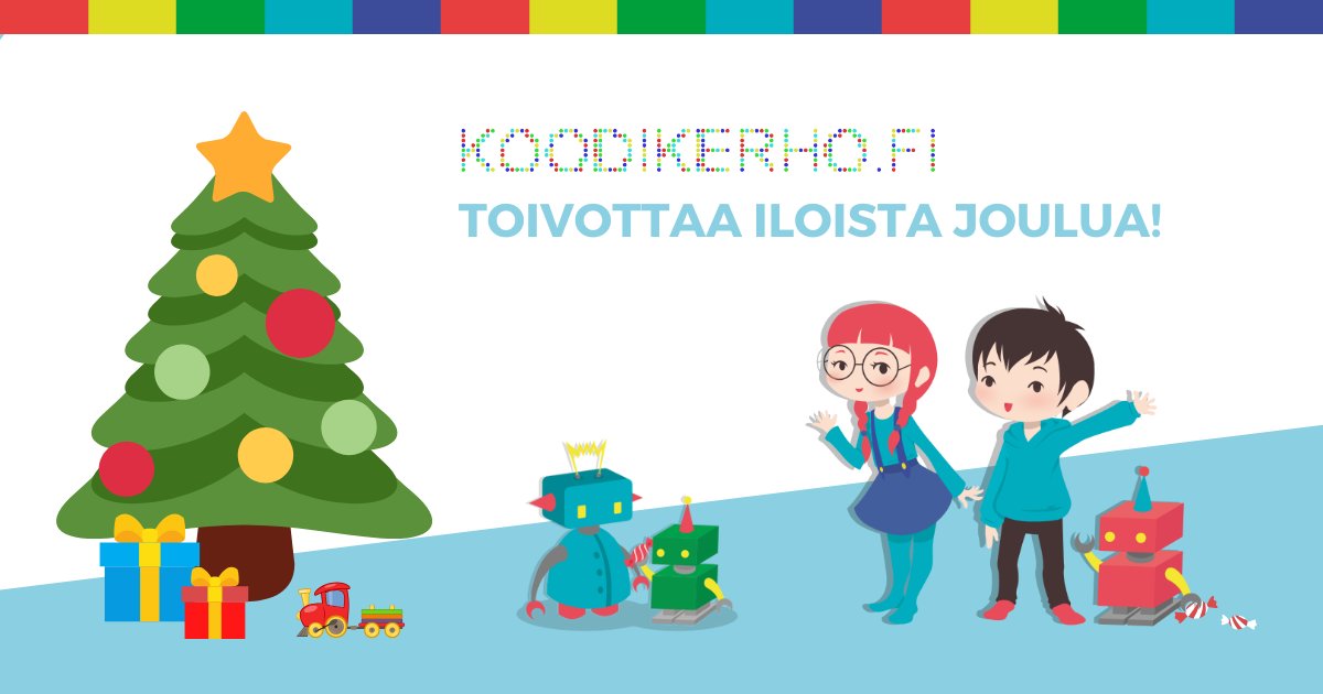 Suuri kiitos tämän vuoden #Koodikerho'jen vapaaehtoisille ohjaajille ja mukaan lähteneille yhteistyökouluille!🤖

Kiitos myös kaikille kiinnostuksesta ja tuesta lasten valtakunnallista kerhotoimintaamme kohtaan.

Toivotamme kaikille iloista joulua ja hyvää uutta vuotta! 🎄🎁