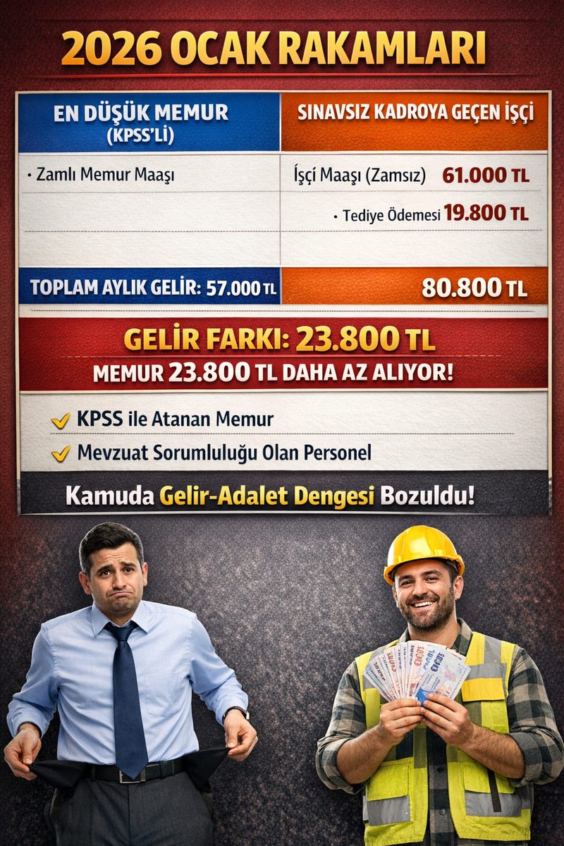 Kamuda Adalet Arıyoruz Gören Var mı?
2026 Zamlı Maaşlar 
KPSS ile atanmış Memur 57.000₺
Taşerondan geçen temizlik güvenlik işçisi 80.800₺(giydirilmiş)

Eğitimin, seneler süren emeklerin karşılığı bu mu? 

Sendikalar işe yaramıyor, memur kendisi bu haksızlığa karşı uğraşıyor!