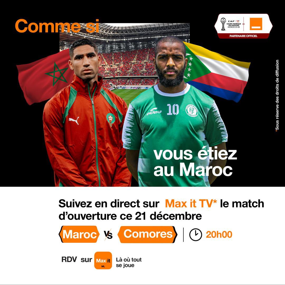 Orange_Mali's tweet photo. C’est reparti pour les suspens ! 
Vous pouvez suivre en intégralité sur Max it TV, le match d’ouverture Maroc vs Comores, en souscrivant au Pack Africa Cup dès 100F.
 
RDV vite sur l’appli Max it Mali https://t.co/Z4NiVhbVTa
