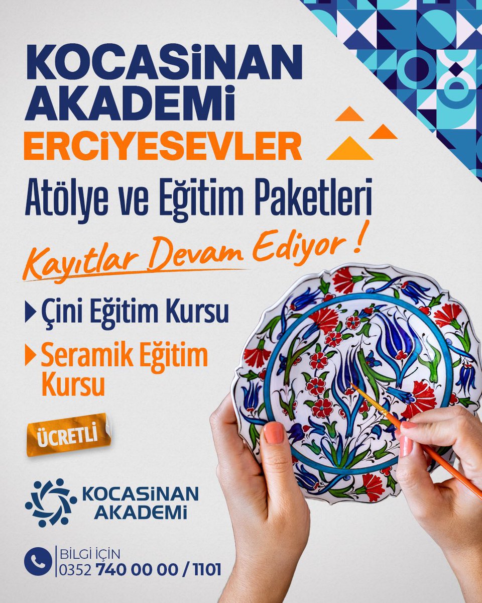kocasinanakdm's tweet photo. 🏺 #KocasinanAkademi Erciyesevler’de Özel Çini Eğitim Kursu ve Seramik Eğitim Kursu kayıtları devam ediyor.
📝 Başvurular; Erciyesevler tesisimizde şahsen yapılacaktır.
ℹ️ Bilgi için:
0352 740 00 00 (1101)
#kayseri #çini #seramik #seramic https://t.co/trdCR5wMGl