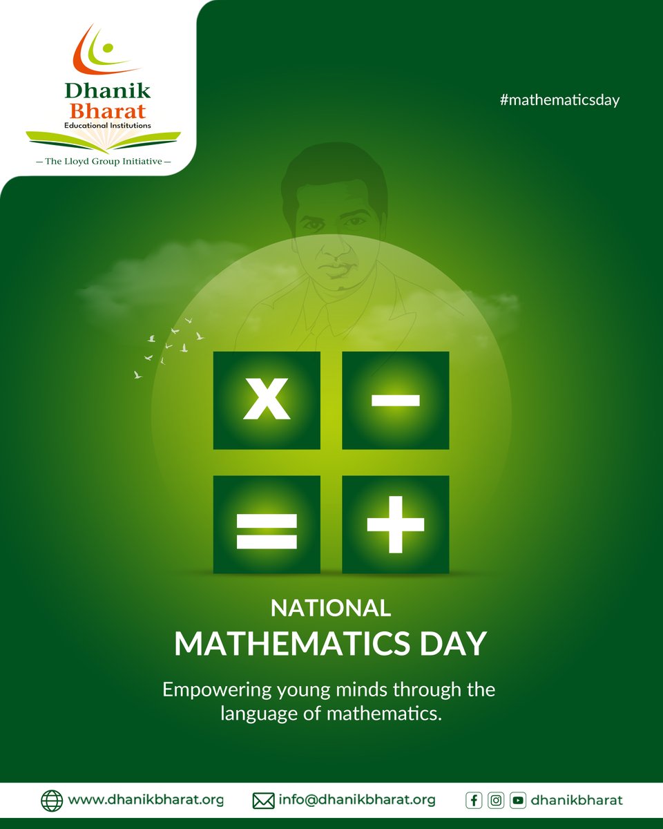 dhanikbharatedu's tweet photo. On National Mathematics Day, we remember Srinivasa Ramanujan and his contribution to mathematics. ➗📐 Mathematics supports thinking, problem-solving, and innovation.  📊
#DhanikBharat #Education #IITJEE #BITSAT #NEET #Olympiads #SAT #NationalMathematicsDay #Ramanujan #MathClass https://t.co/v1zyxDMWFF