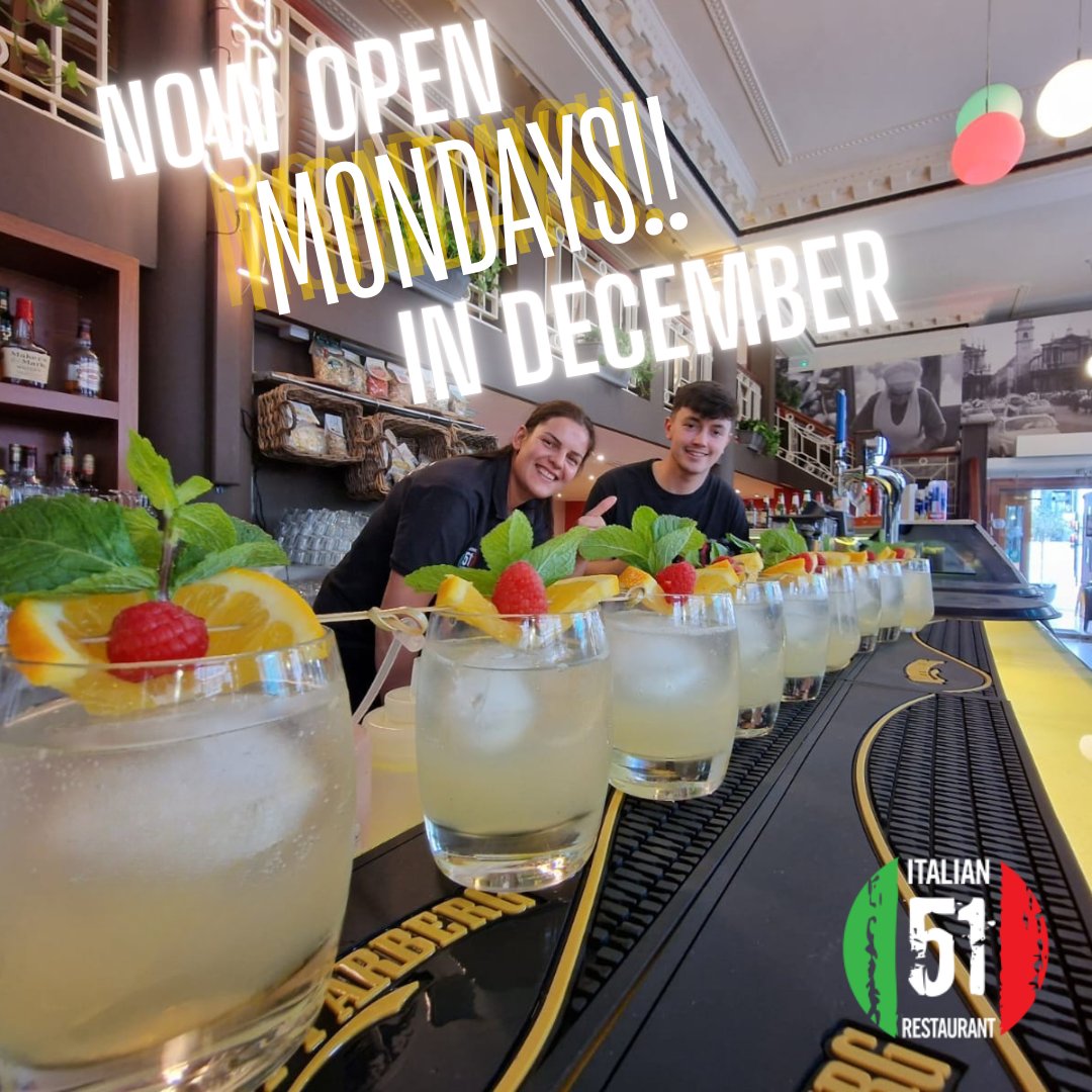 Getting into the Christmas spirit?

Start your week with a festive feast at 51 Italian.🎄💕

We're open every Monday in December, making us the ideal spot for:
After-work get-togethers 🥂
Team Christmas do's 🍝
Shopping treats🛍️

Book your table now 0151 236 4739