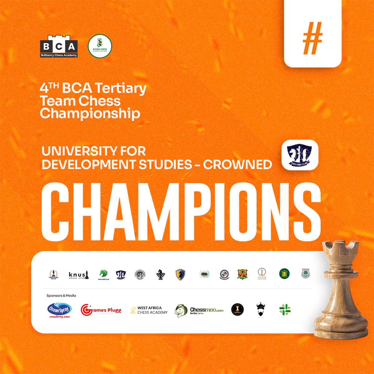 BrilliancyChess's tweet image. 4th Ghana Tertiary Team Chess Championship (2025)🇬🇭

@UdsChess Crowned Champions🎊!

Congratulations to the University for Development Studies on going unbeaten to emerge the best chess club in the country🏆🇬🇭

They finished the tournament with 9 out of the maximum 10 points.