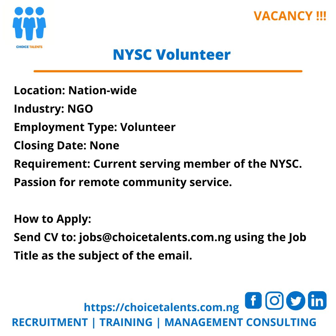 talentsng's tweet photo. NYSC Volunteer

About the role:
The applicant must be active and a serving member of the NYSC preferably in remote villages or the hinter land of any of the 36 states of the federation.

Responsibilities
Support the implementation of programs.
Facilitate workshops and tra...... https://t.co/b4j7W6rycz