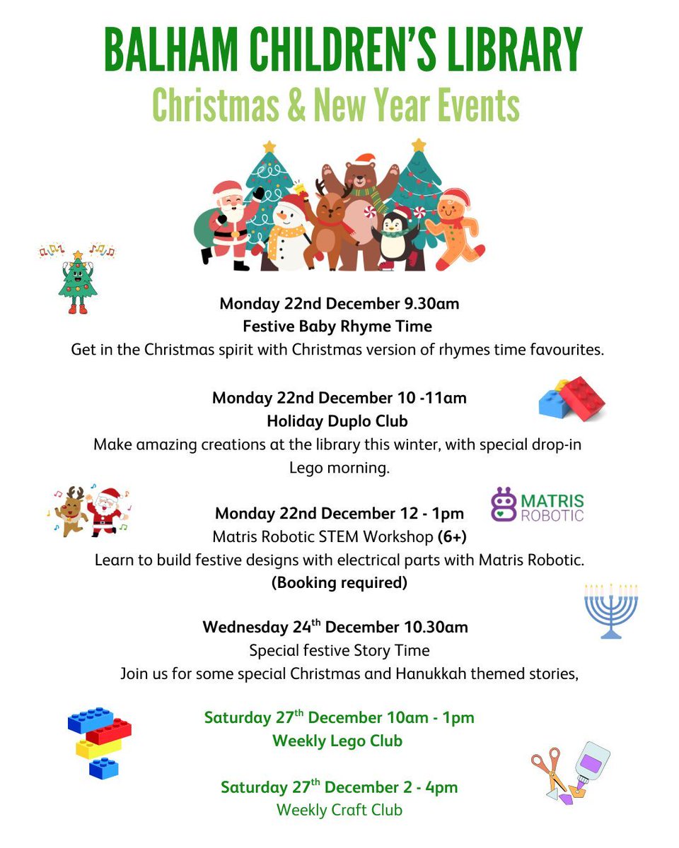 Better_Balham's tweet photo. Festive Break is here! Balham Library will be continuing our weekly Rhyme Times, Story Times, Lego &amp; Craft sessions - while also adding some extra Lego sessions, Festive Story Time and board game afternoon!   For more information contact the library @WandsworthLibs https://t.co/2OolMvtyPs
