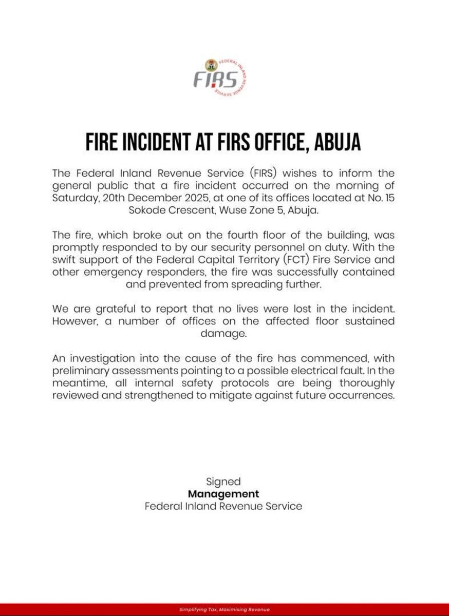 abuja_gist's tweet image. Press Statement @FIRSNigeria on the Fire Incident at their Zone 5 Abuja office. 
#AbujaGist #FIRSFire #AbujaTwitterCommunity