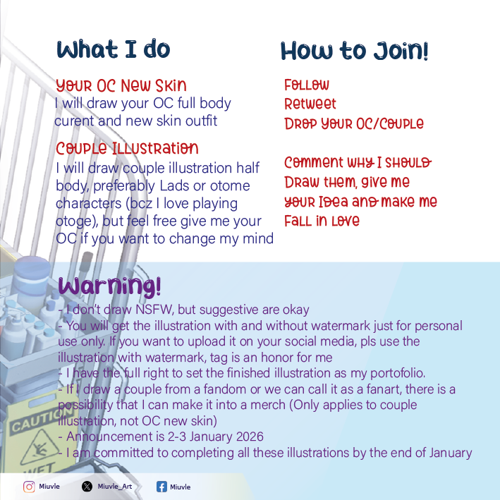 I want to draw something for my V-Gen portfolio, but I didn't know what to draw. So I'm hosting this art raffle, and of course everyone is free to join.🤗

Good luck!
#artraffle #commissionsopen