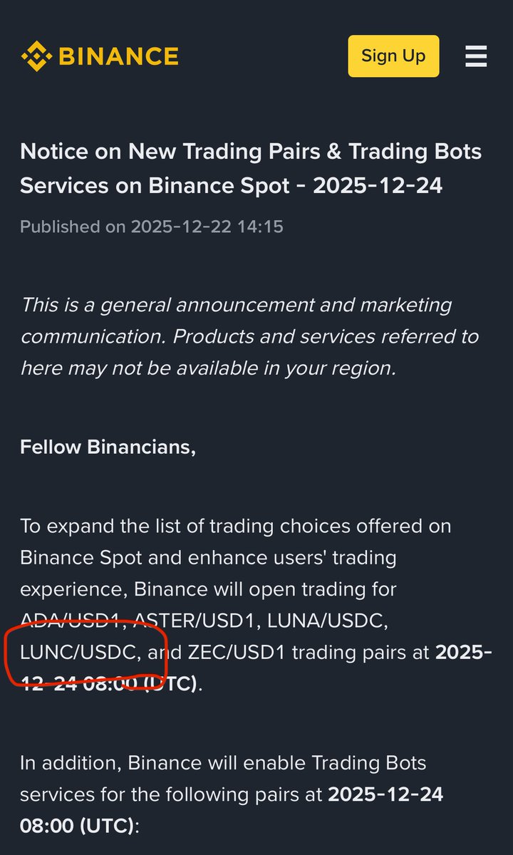 Great news and honestly feeling happy about this 🎄🔥
 BINANCE will list the LUNC/USDC trading pair on 24 December 2025, right on Christmas Eve. Perfect timing and a strong signal for Terra Classic.

If you remember the recent poll on <a href="/VegasMorph/">Vegas</a> ’s X 🗳️👀

Huge thank you to