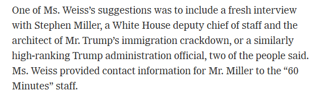 CorentinSellin's tweet image. ...puisque B. #Weiss, alors que le reportage était visionné/validé par rédaction en chef et service juridique, aurait pointé le refus de la présidence #Trump d'être interviewée. Et proposé par exemple un entretien avec S. #Miller, conseiller immigration de #Trump.(source: NYT) 4/
