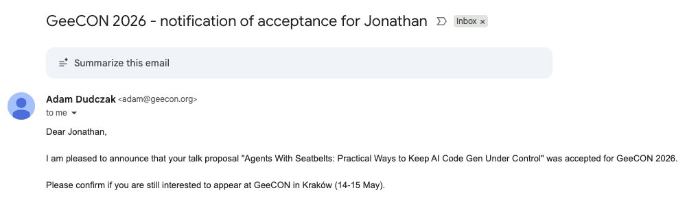 vilojona's tweet image. Yuhuuuuu 🥳🥳🥳 Starting the week with great news.

My talk about Agents have been selected for @GeeCON Krakow 2026 #geecon2026 #devrel #ai 
@SonarSource