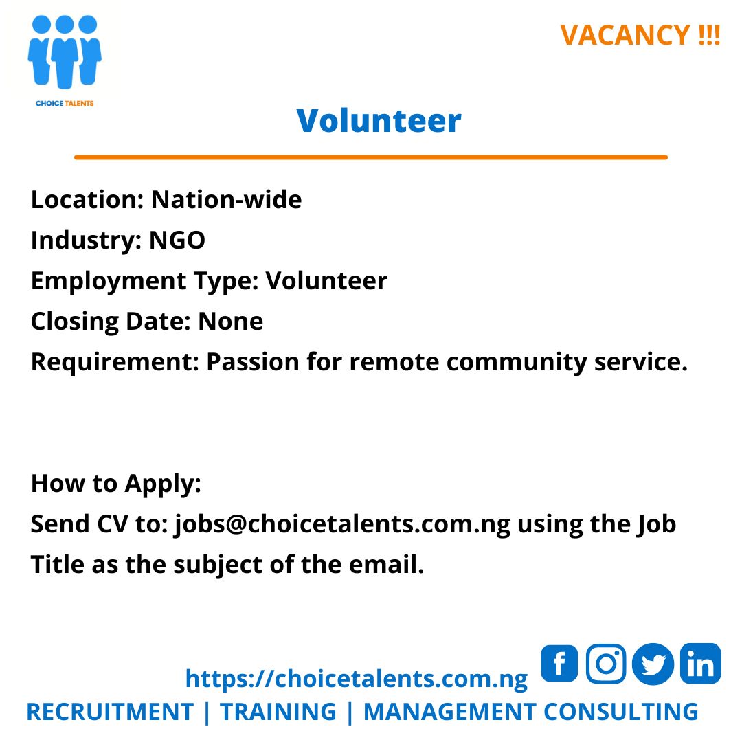 talentsng's tweet photo. Volunteer

About the role:
The applicant must be passionate about voluntary community service in remote villages or the hinter land of any of the 36 states of the federation.

Responsibilities
Support the implementation of programs.
Facilitate workshops and training sessions.
... https://t.co/hXEXU4CkOg