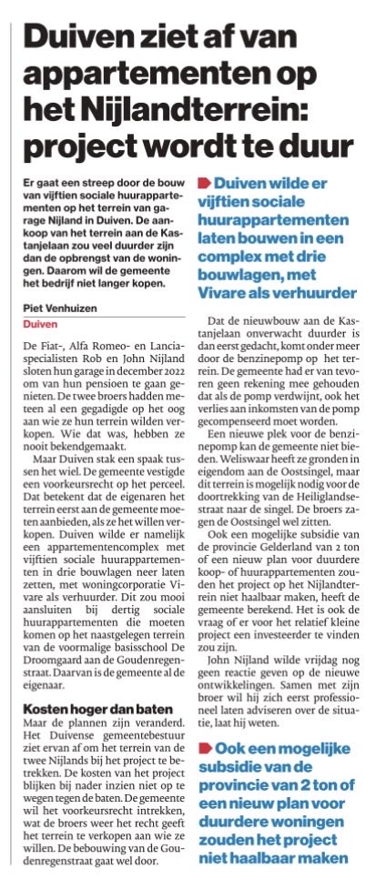 Er gaat een streep door de bouw van vijftien sociale huurappartementen op het terrein van benzinepomp Nijland⁩ 👇

Goed dat ⁦<a href="/GemeenteDuiven/">Gemeente Duiven</a>⁩ de gronden, nodig voor het doortrekken van de Heiliglandsestraat, niet verkoopt.