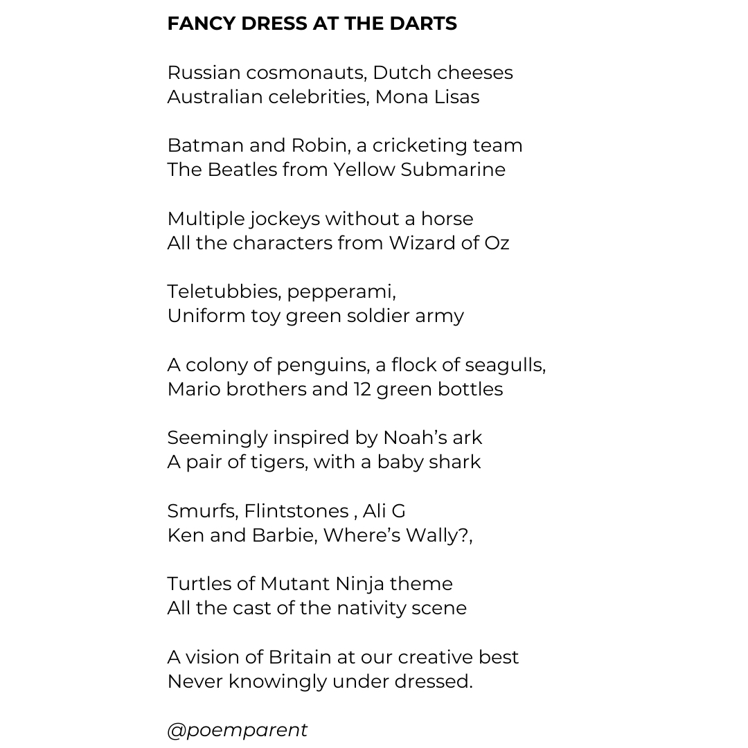 Off to the #PDCWorldDartsChampionship   again tgt..in poss one of the rarest crossovers of poetry &amp; sport.. so thought I'd reshare this poem from last visit. Tgt we will be going as 6 Traitors.....
#darts #fancydress #pdcworldchampionship #pdcdarts #poemaday  #dailypoem #poems