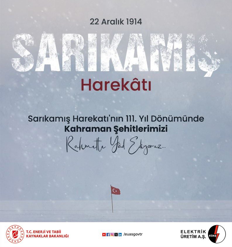 Harekâtı'nın 111. yıl dönümünde Sarıkamış şehitlerimizi rahmet, minnet ve dualarla anıyoruz.
Ruhları şâd, mekânları cennet olsun. 🇹🇷