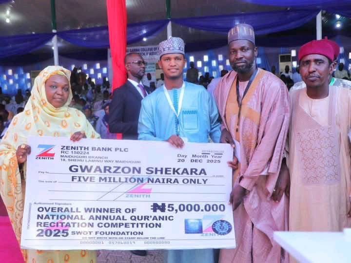 Gwani Musa Ahmad Musa from Borno State has won the Qur’an recitation competition, emerging as Nigeria’s overall champion in the national Qur’an competition held in Borno State. He received a brand-new luxury car and millions of naira as prizes.

Congratulations! May Allah bless