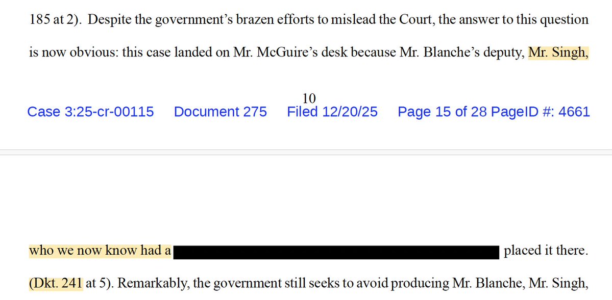 rparloff's tweet image. In sealed order issued 12/3, Judge Crenshaw found that @DAGToddBlanche's deputy, Aakash Singh, played a “leading role in the govt’s decision to prosecute” Abrego Garcia. Abrego’s attys’ failed to redact that language in a brief, correcting the error shortly thereafter...
1/2