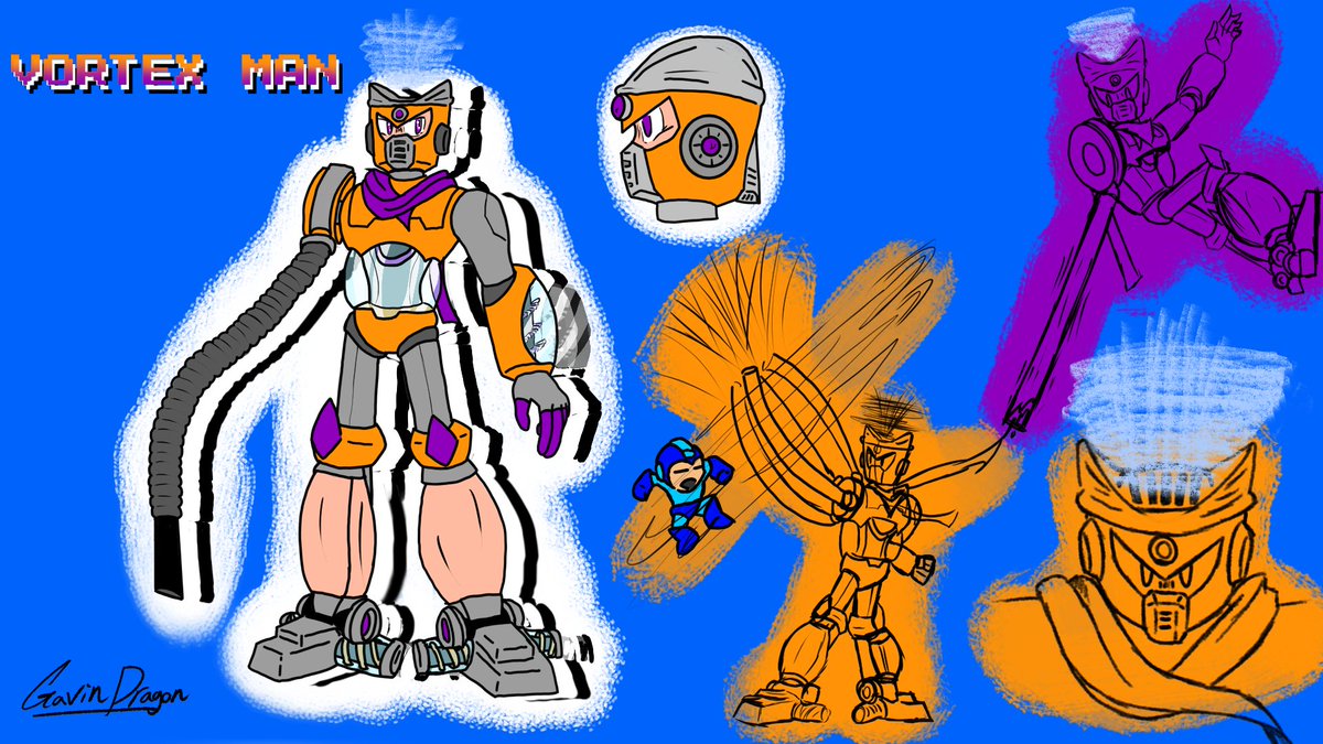 GavinDragonYT's tweet photo. Vortex Man! my entry into the Robot Master Design Contest! 

He can Use his vacuum arm to whip and create air vortexes to whip MegaMan around the room! hes built for cleaning and can even stick to walls using his feet!

#MegaManDO #DesignARobotMaster https://t.co/eelAiaM1Ub